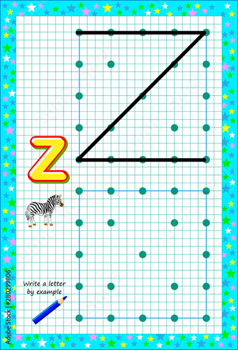 Educational page for little children on square paper. Write letter by example. Logic puzzle game. Developing baby skills of drawing and writing. Printable worksheet for kids textbook. Back to school.