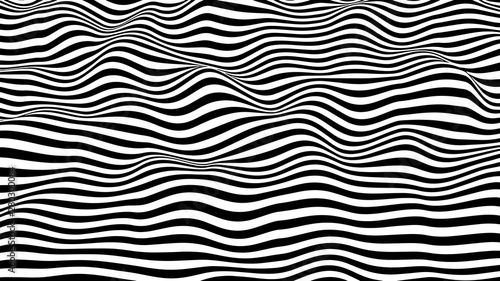 Black and white hallucination. Optical illusion. Twisted illustration. Abstract futuristic background of stripes. Dynamic wave. Vector.