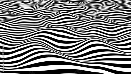 Black and white hallucination. Optical illusion. Twisted illustration. Abstract futuristic background of stripes. Dynamic wave. Vector.