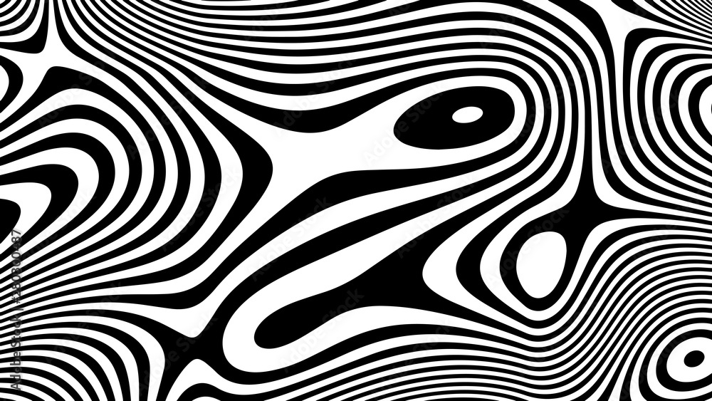 Black and white hallucination. Optical illusion. Twisted illustration. Abstract futuristic background of stripes. Dynamic wave. Vector.