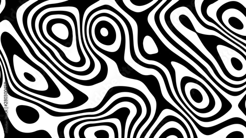 Black and white hallucination. Optical illusion. Twisted illustration. Abstract futuristic background of stripes. Dynamic wave. Vector.