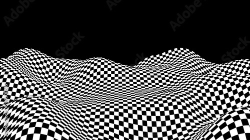 Black and white hallucination. Optical illusion. Twisted illustration. Abstract futuristic background of squares. Dynamic wave. Vector.