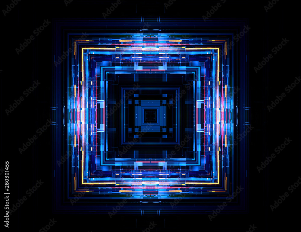 Fototapeta premium Led Light. luma effect. Future tech. Glare cubes. Digital signal. .Shine grid. Modern big data. Neon flare. Quantum computer net system. Magic code. Grid lines. Vivid frame. Web device. Blocks system.