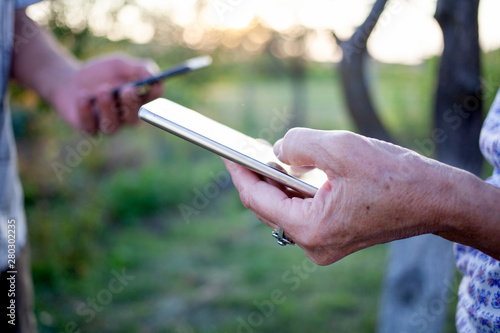 hands of elderly couple using smartphone for data transfer