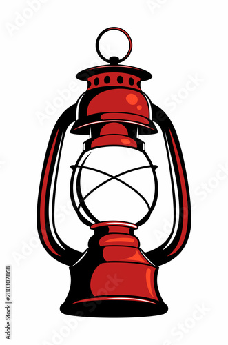 Old, vintage kerosene oil lantern lamp, red oil lamp, vector image.