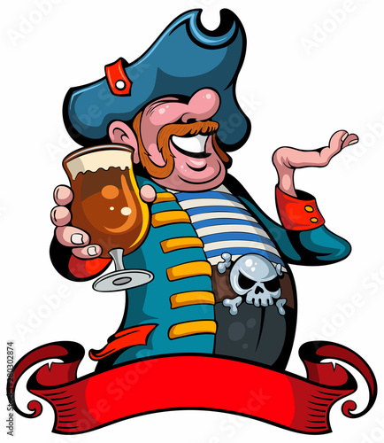 Cartoon style funny, smiling pirate, filibuster with beer glass in his hand and red ribbon at the bottom, vector image.