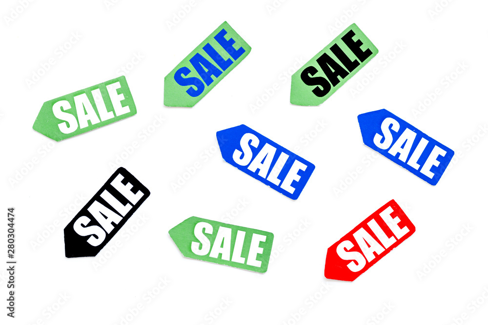 Sale in shop with lable pattern on white background top view mockup Sale in shop with lable pattern on white background top view mockup