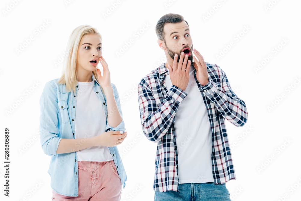 surprised girl and man covering mouths Isolated On White surprised girl and man covering mouths Isolated On White