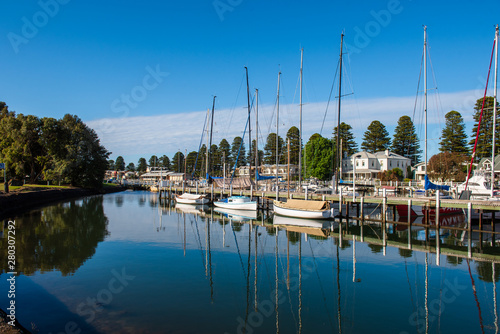 View of moored boats on Moyne River Port Fairy Victoria Australia