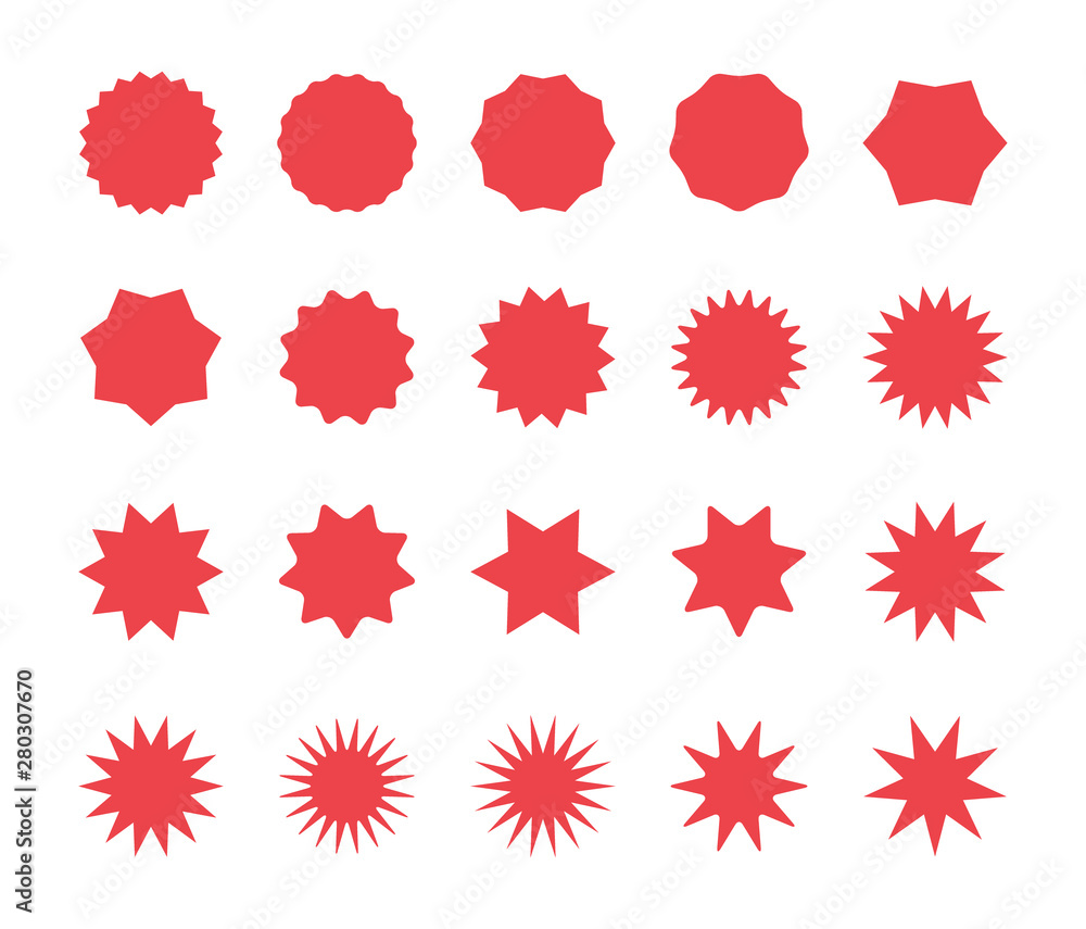 Red starburst badges set. Sunburst price labels. Red starburst badges set. Sunburst price labels.