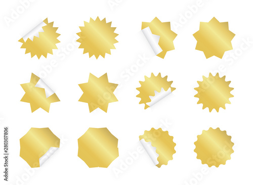 Starburst sticker set. Blank golden sunburst badges.