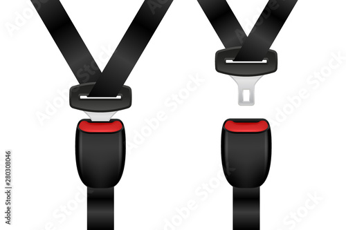 Realistic locked and unlocked seat belt set. Open and closed automobile seat belts photo