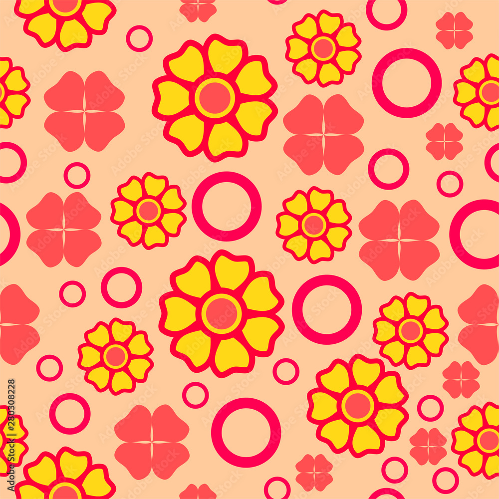Seamless geometric pattern red with yellow flowers. Vector graphics.
