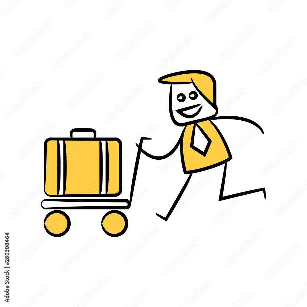 businessman and luggage on trolley icon yellow doodle theme