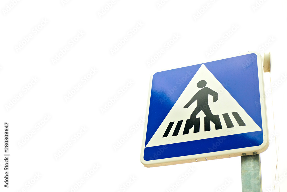 A pedestrian crossing the street, zebra croosing road sign on white background. A pedestrian crossing the street, zebra croosing road sign on white background.