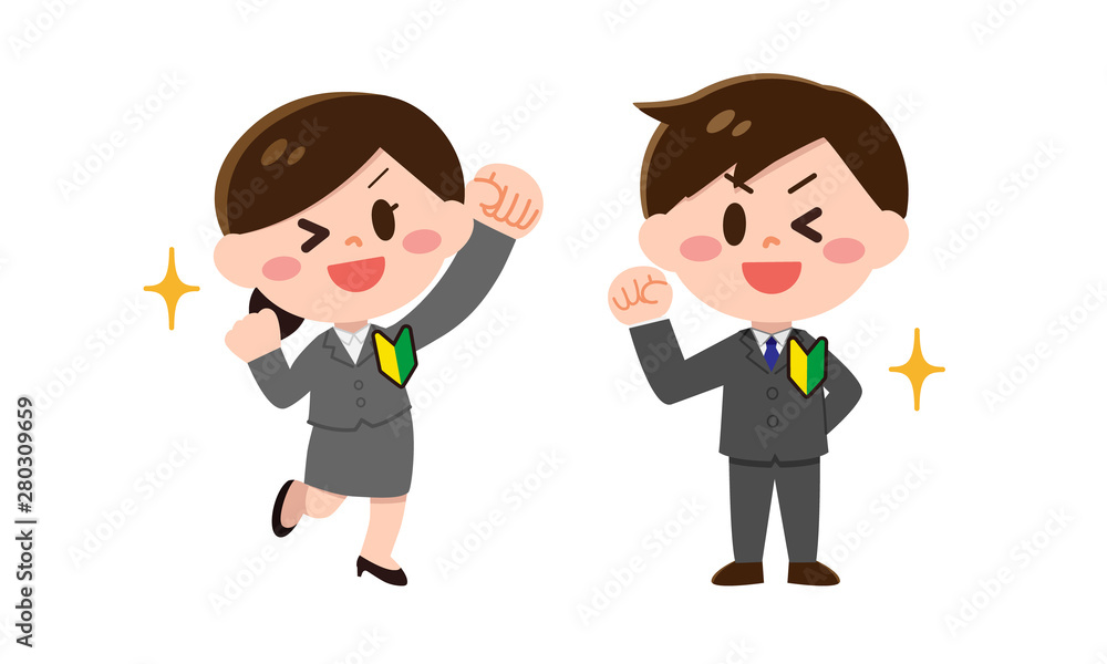ガッツポーズするスーツ姿の新人会社員・就活生(男性・女性) ガッツポーズするスーツ姿の新人会社員・就活生(男性・女性)