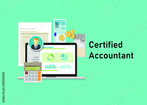 Certified accountant CA paper calculator laptop with people business smile. Business concept of accountant education certification.