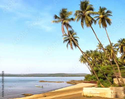 Watercolor seascape. Palm trees hanging over the water