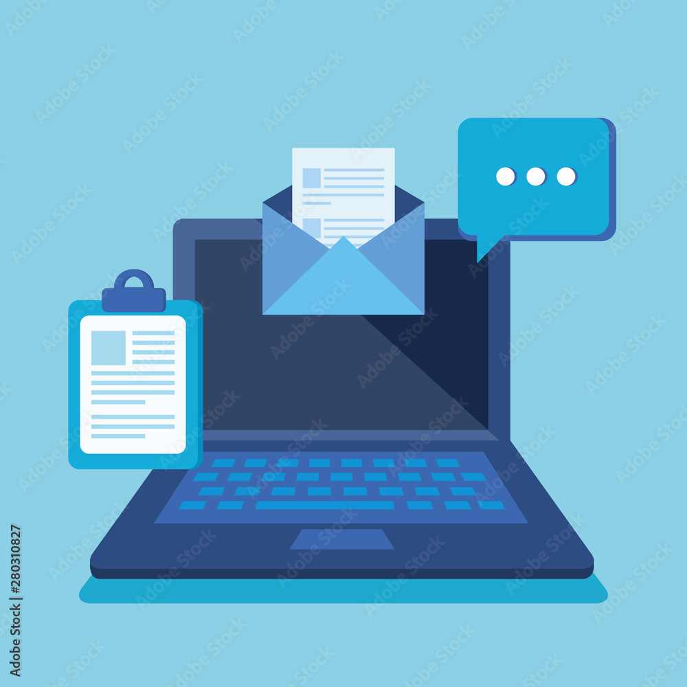 laptop technology with document clipboard and chat bubble laptop technology with document clipboard and chat bubble