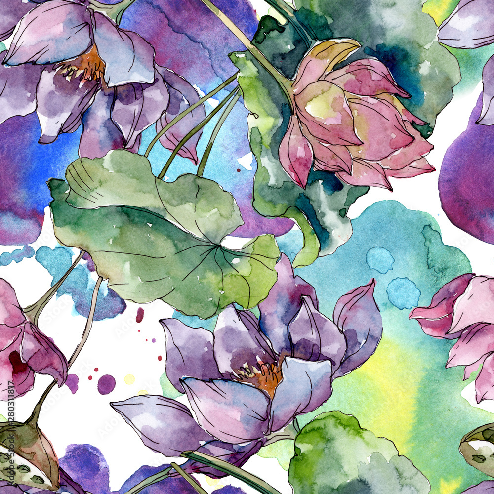 Lotus floral botanical flowers. Watercolor background illustration set. Seamless background pattern.