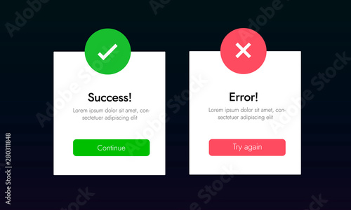 Success and Error info message ui banners. Web tab template for Aproved and Rejected, Yes and No, Accepted and Denied tab vector design.