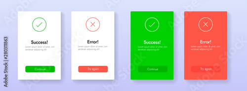 Success and Error info message abstract ui banners. Web tab template for Aproved and Rejected, Yes and No, Accepted and Denied tab vector design. Continue and Try again buttons.
