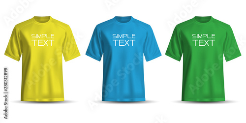 Realistic T-shirt yellow blue green on white background vector illustration.