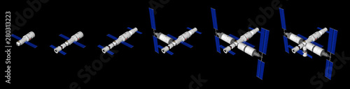 Sequence of assembly of the TIANGONG 3 - Chinese Space Station with TIANHE core module on black background. 3D Illustration