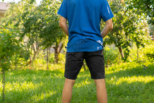 rear view of young person standing outdoor and piss under the tree photo