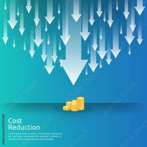 business crisis concept. money fall down with arrow decrease symbol. economy stretching rising drop, global lost bankrupt. cost declining reduction or loss of income with stack pile dollar coins