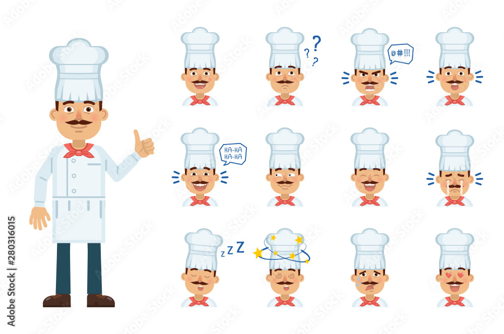 Set of cook character emoticons. Cook avatars showing different facial ...