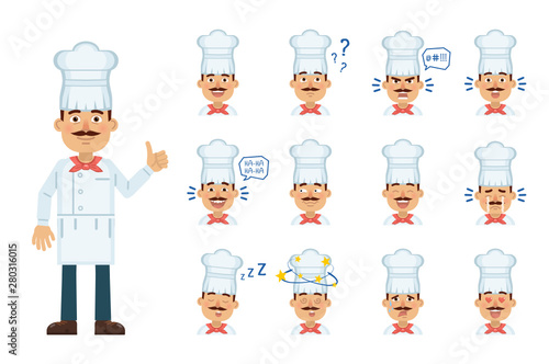Set of cook character emoticons. Cook avatars showing different facial expressions. Happy, sad, smile, laugh, cry, think, surprised, tired, in love and other emotions. Simple style vector illustration