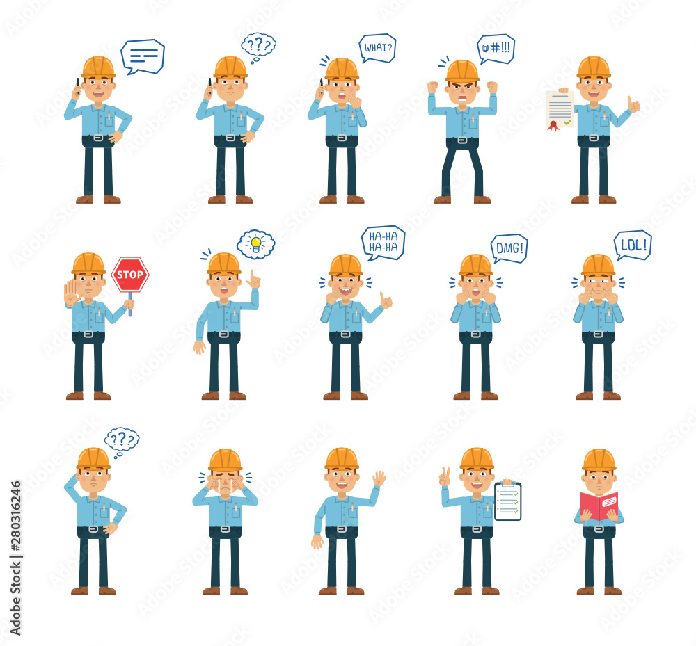 Big set of construction man characters posing in different situations. Cheerful worker talking on the phone, holding stop sign, clipboard, document and doing other actions. Flat vector illustration Big set of construction man characters posing in different situations. Cheerful worker talking on the phone, holding stop sign, clipboard, document and doing other actions. Flat vector illustration