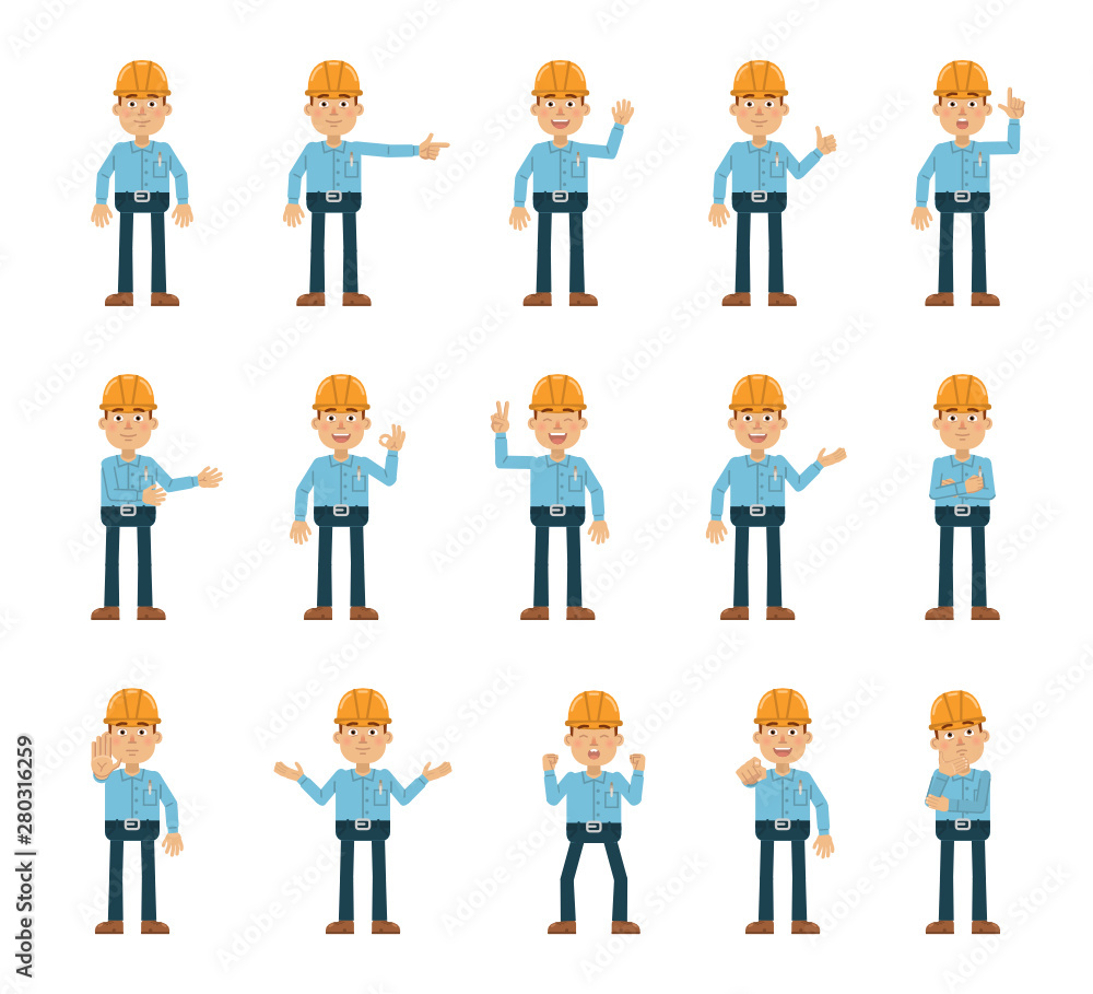 Big set of construction man characters showing different hand gestures. Cheerful worker showing thumb up gesture, pointing, greeting, waving and other hand gestures. Flat vector illustration