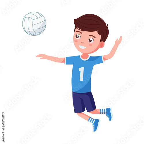 Boy volleyball player hit the ball in a jump