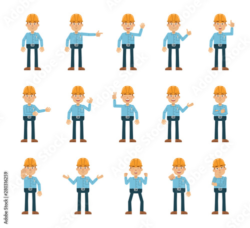 Big set of construction man characters showing different hand gestures. Cheerful worker showing thumb up gesture, pointing, greeting, waving and other hand gestures. Flat vector illustration