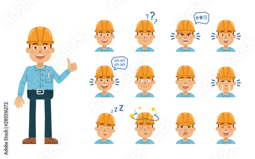 Set of construction man emoticons. Worker avatars showing different facial expressions. Happy, sad, cry, laugh, smile, angry, dizzy, tired, in love and other emotions. Simple vector illustration