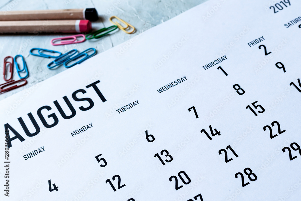 Monthly August 2019 calendar - obrazy, fototapety, plakaty 