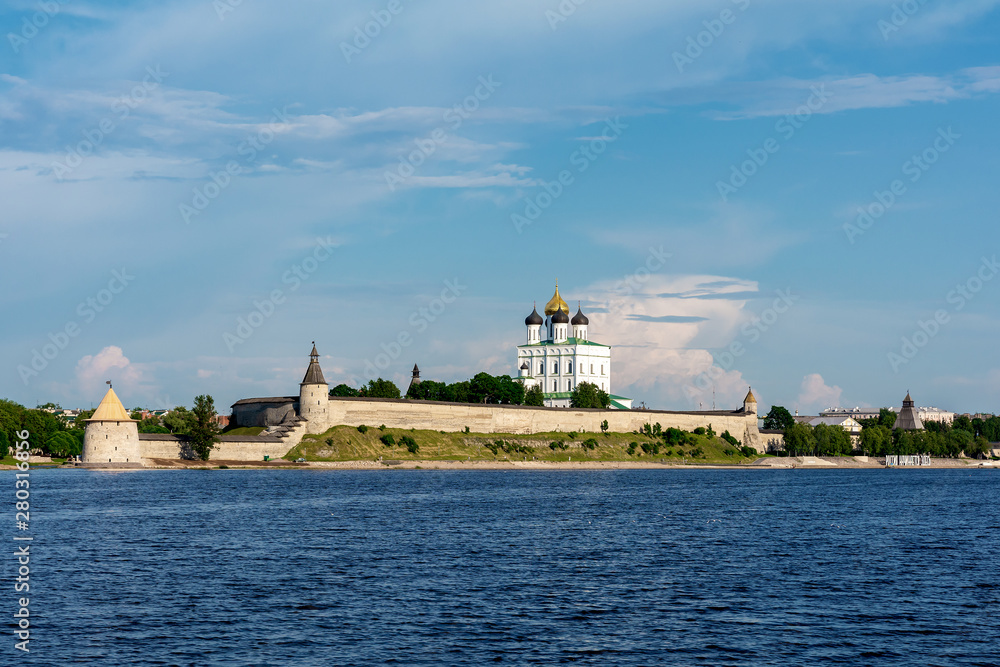 Pskov Kremlin. great river, view of Trinity Cathedral. Russia  