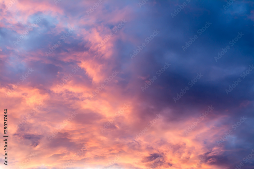 Beautiful sky with multicolored clouds at sunset.