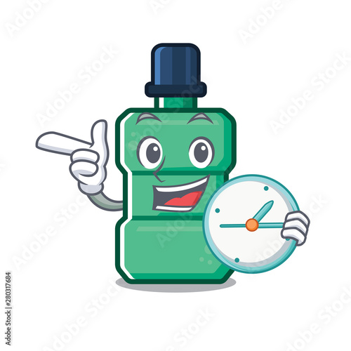 With clock cartoon mouthwash in the a bathroom
