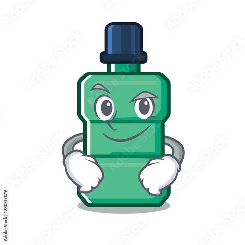 Smirking cartoon mouthwash in the a bathroom