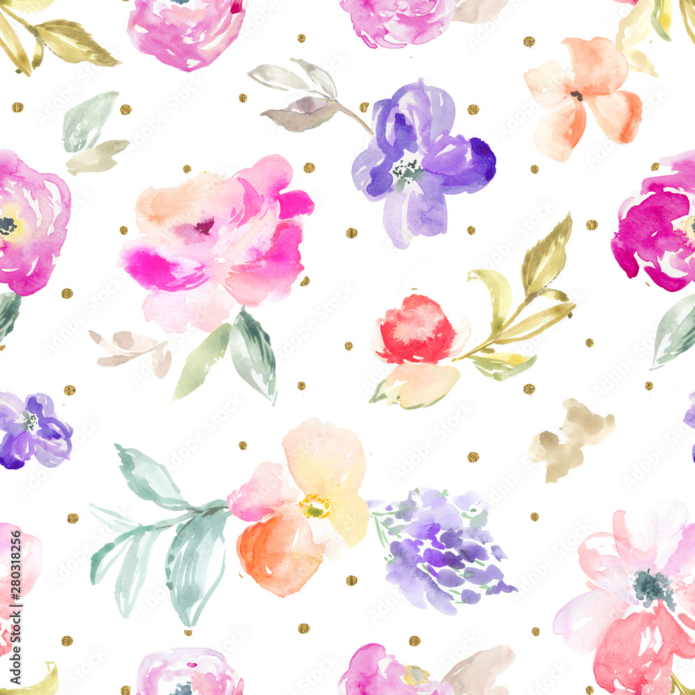 Seamless, Modern Watercolor Flower Background Pattern for Fashion and Textile Design