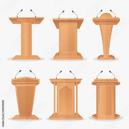 Vector set Wooden podium tribune with microphones. Graphic element for business, presentation, conference, speech vector illustration