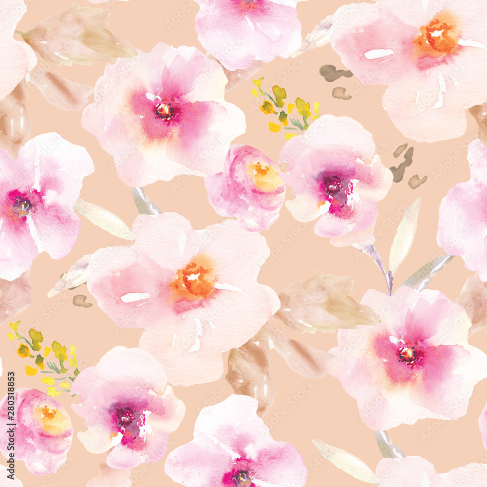 Seamless, Repeating Watercolor Flower Background Pattern. Repeating Fashion Design Pattern.