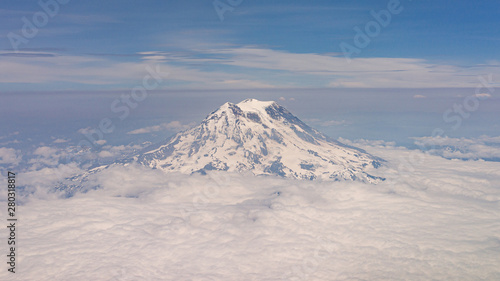 Mount Rainier with Clouds from Airplane View