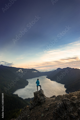 Female Hiker Standing on the Top of Mount Storm King Olympic National Park