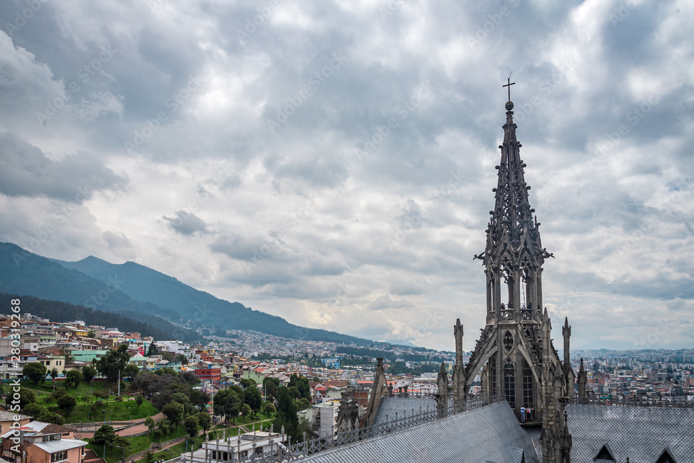 View of the Basilica in Quito with mountains in background