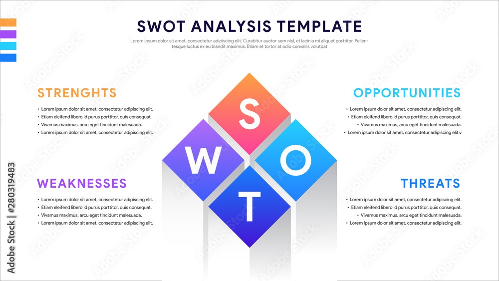 Four colorful elements with text inside placed around rectangle. Concept of SWOT-analysis template or strategic planning technique. Infographic design template. Vector illustration. Four colorful elements with text inside placed around rectangle. Concept of SWOT-analysis template or strategic planning technique. Infographic design template. Vector illustration.