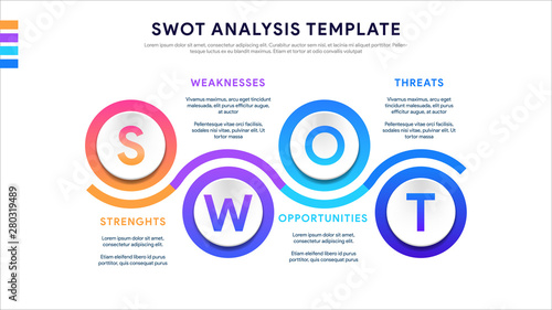 Four colorful elements with text inside placed around circle. Concept of SWOT-analysis template or strategic planning technique. Infographic design template. Vector illustration.